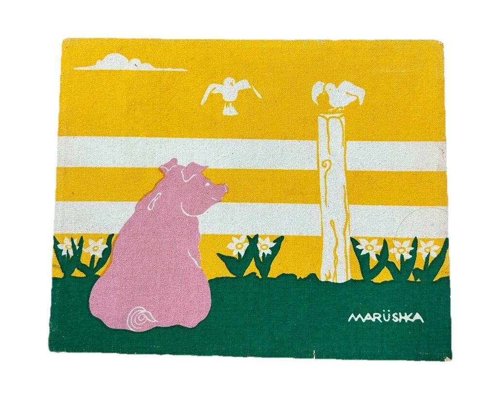 Marushka Wall Art Textile Screen Print 8x10 Pig Bird Farm Yellow Green Fence MCM